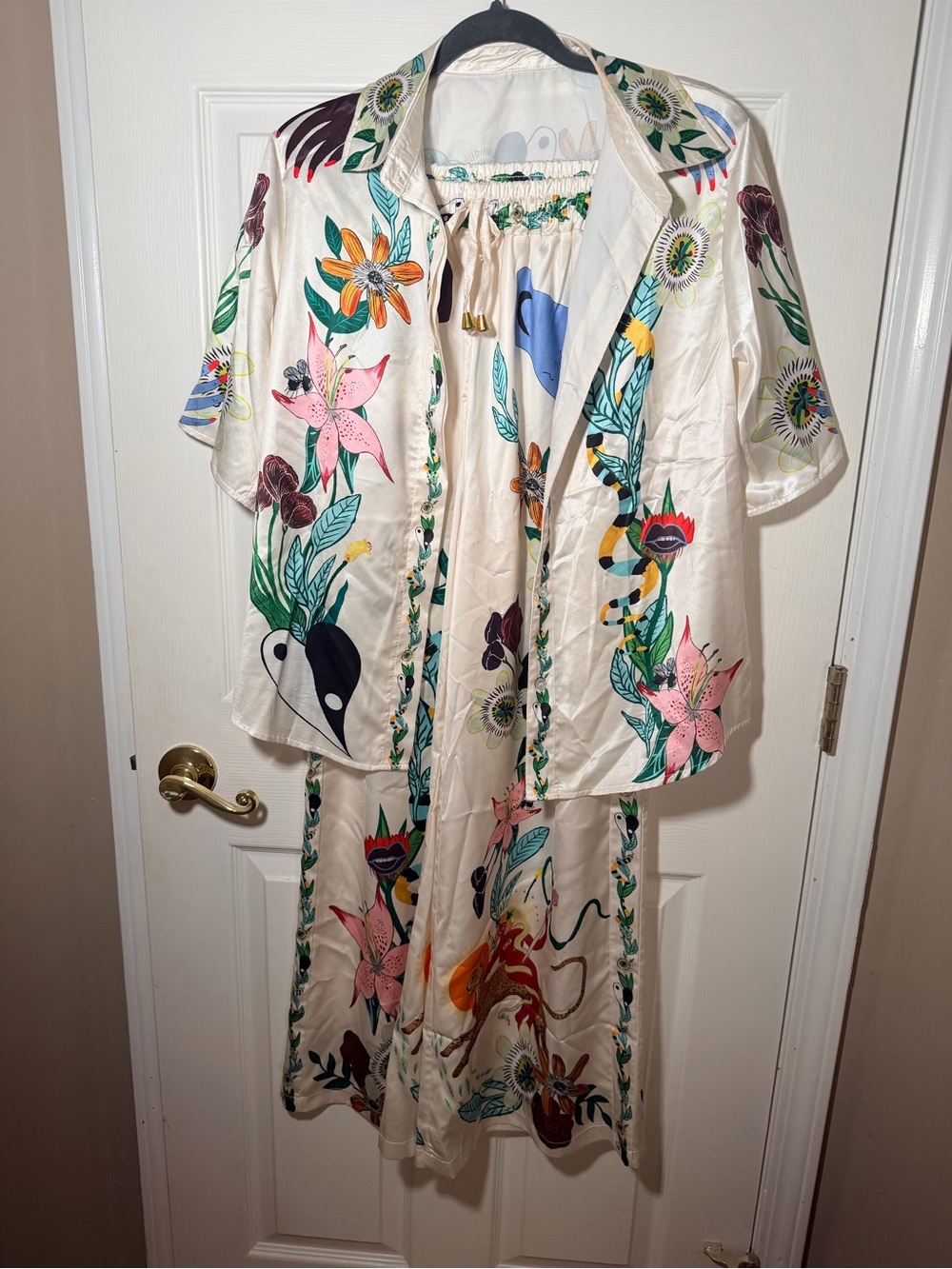 Floral Printed Satin Two-Piece Set in Cream with Multicolor Botanicals